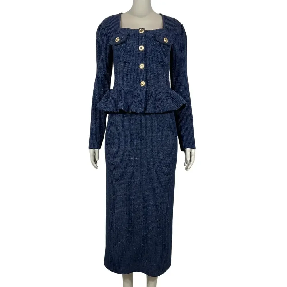 Self-Portrait Chic Navy Peplum Midi Dress Size M